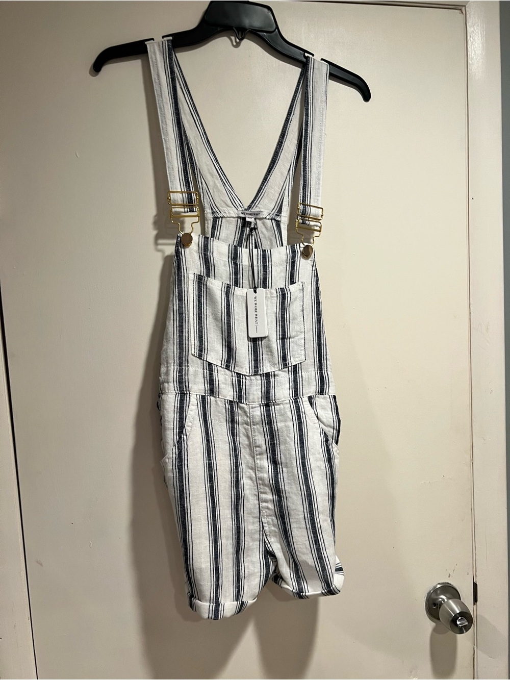 WeWoreWhat White & Navy Striped Linen-Blend Overalls. Size S